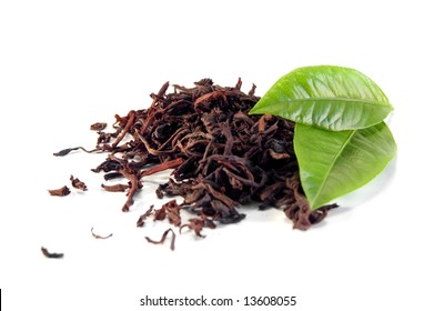 Black Tea With Leaf Isolated On White Background