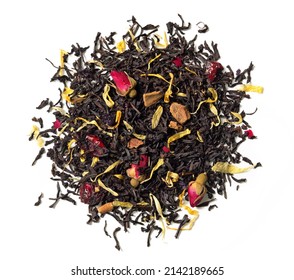 Black tea with rose, cherry and pieces of cinnamon on white background. Top view. Close up. High resolution