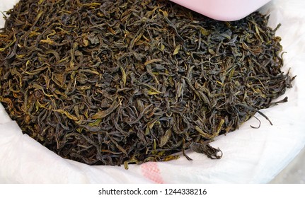 Black Tea For Sale At Rural Market In Yangon, Myanmar.