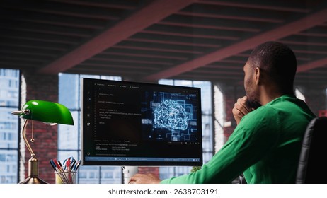Black tech engineer programming an AI brain neural network for machine learning, doing maintenance and debugging the software systems. Technician expert uses coding language. Camera A.