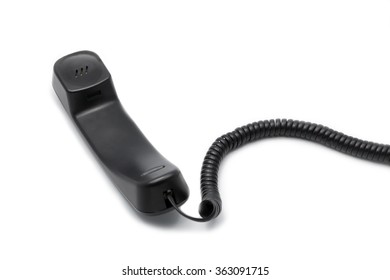 A Black Telephone Hand Set With Its Chord On White Background