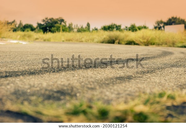 A black tire track on a bend in the\
road. A paved country road with green grass on the side of the\
road. Shooting at ground level. Selective\
focus.