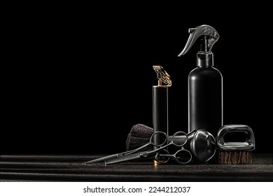 Black Tools Of Barber. Neck Beard Brush Professional Hair Clippers Trimmer Cutting Beard Cordless Barber Shaving Machine Water Sprayer. On Black Background  - Shutterstock ID 2244212037