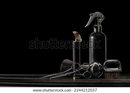 Black Tools Of Barber. Neck Beard Brush Professional Hair Clippers Trimmer Cutting Beard Cordless Barber Shaving Machine Water Sprayer. On Black Background 