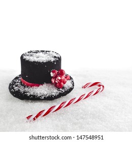 Black Top Hat Snowman With Cane, Christmas Card Isolated On White Snow Background 