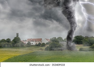 Black tornado funnel and lightning over field during thunderstorm