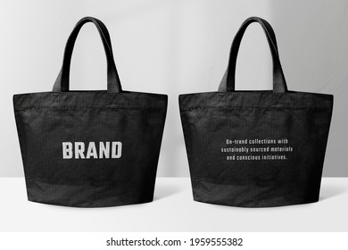 Black tote bag with BRAND typography