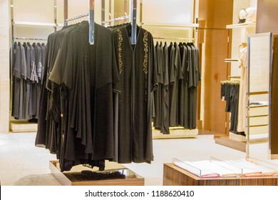 Black Traditional Muslim Women Dresses On Display In A Retail Shop For The Middle East Fashion To Wear Burka Or Niqab And Hijab And Cover The Body Of A Woman And Girl From A Certain Age