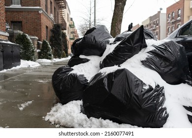 Black Trash Bags Covered In Snow Along A Sidewalk In Astoria Queens New York During The Winter