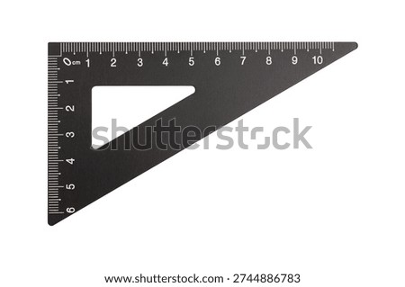 Black triangle ruler with centimeter markings on a white background, representing geometry and drafting tools
