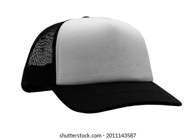 Black Trucker Cap Isolated On White Background. Basic Baseball Cap. Mock-up For Branding.