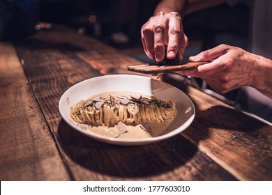 Black Truffle Pasta With, Butter, Lemon, Confit And Chives.