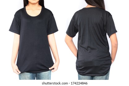 Black t-shirt blank on a young woman template isolated on white background back and front  - Shutterstock ID 174224846