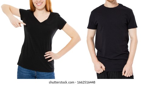 Black T-shirt Close Up Mock Up Background - Front View Of Man And Woman In Empty Black Polo Shirt 