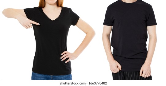 Black T-shirt Close Up Mock Up Background - Front View Of Guy And Girl In Empty Black Polo Shirt 