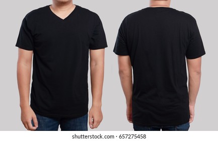Black t-shirt mock up, front and back view, isolated. Male model wear plain black shirt mockup. V-Neck shirt design template. Blank tees for print