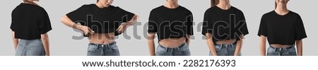 Black t-shirt mockup on a slim girl, crop top for design, print, pattern, branding. Women's shirt set. Textured apparel template isolated on background, front view, back view. Clothing for advertising