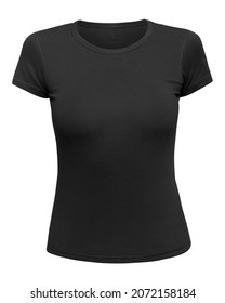 Black T-shirt Mockup Women Front Used As Design Template. Tee Shirt Female Blank Isolated On White