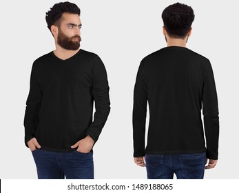 Black t-shirt on a young bearded man in jeans, isolated on a white studio background, front and back view mockup of black t-shirt with place for your logo or design