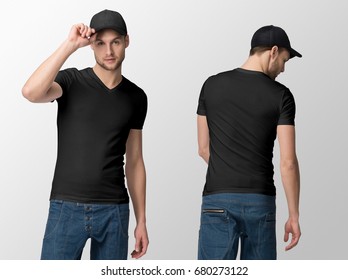 Black t-shirt on a young man in jeans and baseball cap, isolated, front and back, mockup.