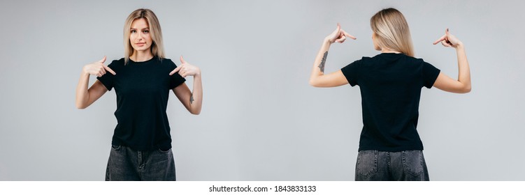 Black t-shirt on a young woman, front and back