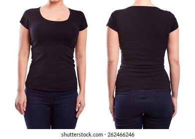 Black Tshirt On A Young Woman Template On White Background