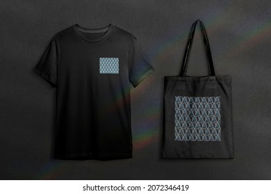 Black t-shirt and tote bag with pattern