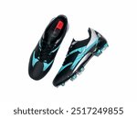 Black and turquoise soccer cleats designed for enhanced performance and agility on the field, featuring a sleek design and innovative technology for optimal traction.