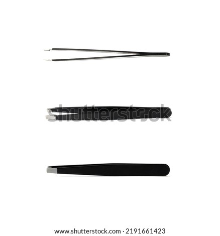Black tweezers isolated. Steel eyebrow forceps, cosmetic tool, stainless pincette, small cosmetic pincers, metal hair tweezer on white background