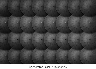 Black Umbrella Pattern Arrangement. Top View Creative Umbrella Background. Nobody. Classic Brolly Wallpaper