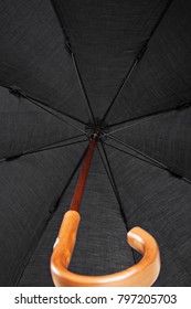 Black Umbrella With Wooden Handle. Open Umbrella. Inside View, Horizontall,  Fullscreen