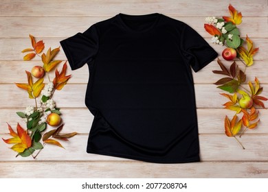 Black Unisex Cotton T-shirt Mockup With Snowberry, Red And Green Fall Leaves. Design T Shirt Template, Tee Print Presentation Mock Up