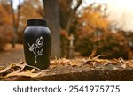 Black urn prepared for funeral in the cemetery in autumn.