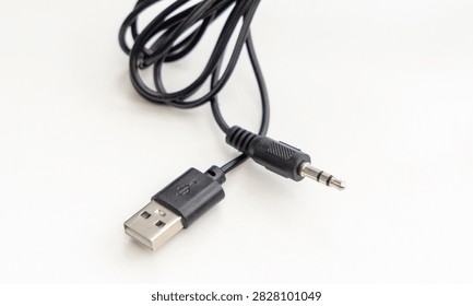 A black USB and audio jack cable lies on white