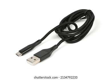 Black USB cable for charging a smartphone isolated on white. High resolution photo. Full depth of field. - Shutterstock ID 2134792233