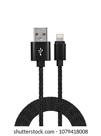 Black USB cable for phone with rounded reinforced cable isolated on white background 