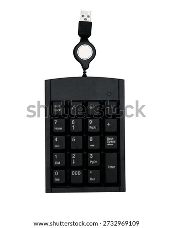 Black USB numeric keypad with retractable cable isolated on white background