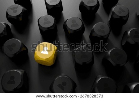 Black user icon cubes with a single yellow candidate highlighted recruitment, standout talent, selection, employer branding.