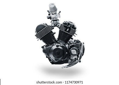 Black V Shape Vintage Motorcycle Engine Isolated On White Background