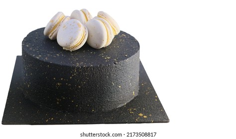 Black Velour Velvet Cake With White Macarons On Top And Gold Isolated On White