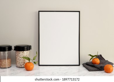 Black Vertical Frame Mockup For Kitchen Wall Art, Blank Frame On Kitchen Table.