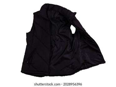 Black Vest, Blank Template Black Waistcoat Sleeveless With Zipped, Front View Isolated On White Background. Mockup Black Winter Sport Vest. Down Jacket