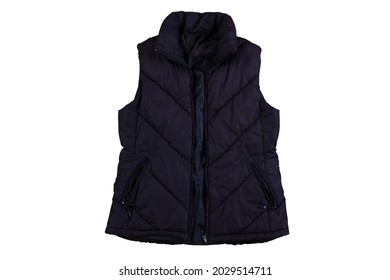 black Vest, Blank template black waistcoat sleeveless with zipped, front view isolated on white background. Mockup black winter sport vest. Down jacket