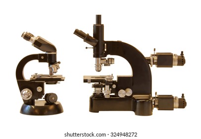 Black Vintage Microscope Family (isolated), Basic And Advanced Model Side By Side