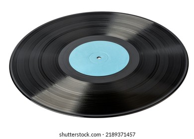 Black Vinyl Record With Blank Blue Label Isolated On White Background. Vinyl Record With Place For Text.