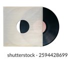 A black vinyl record with a blank label partially removed from its plain white paper sleeve, isolated on a white background. A minimalistic and nostalgic music concept