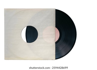A black vinyl record with a blank label partially removed from its plain white paper sleeve, isolated on a white background. A minimalistic and nostalgic music concept