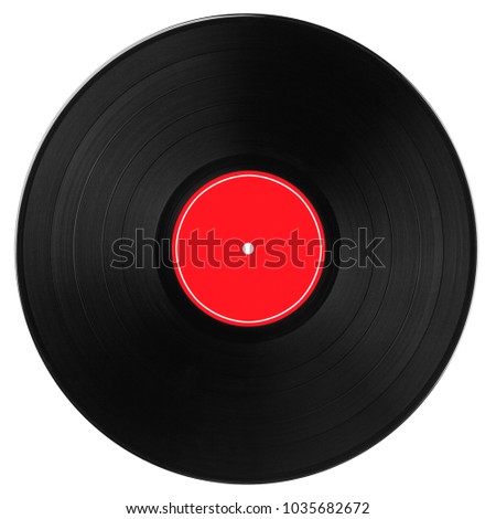 Black vinyl record with bright red label and white edging isolated on white background. Top view.