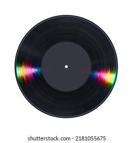 Black Vinyl Record with colorful light reflections, isolated on white background with blank empty grey label copy space.