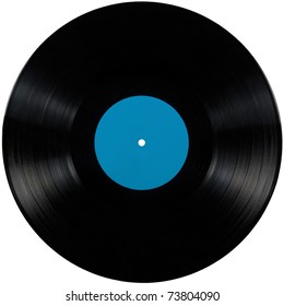 Black Vinyl Record Lp Album, Vintage Disc; Isolated Long Play Disk With Blank Label In Cyan Blue